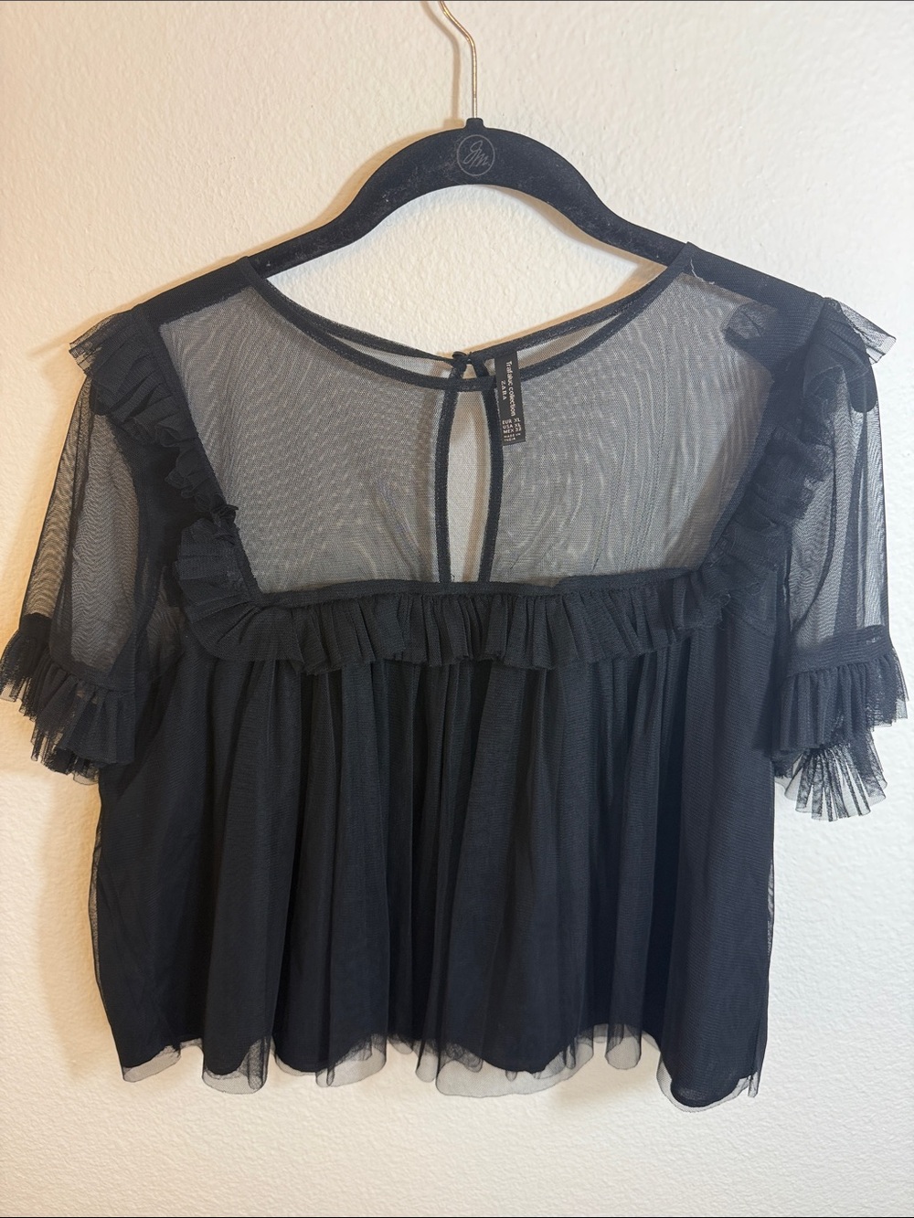 ZARA Black Sheer Ruffle Mesh Crop Blouse